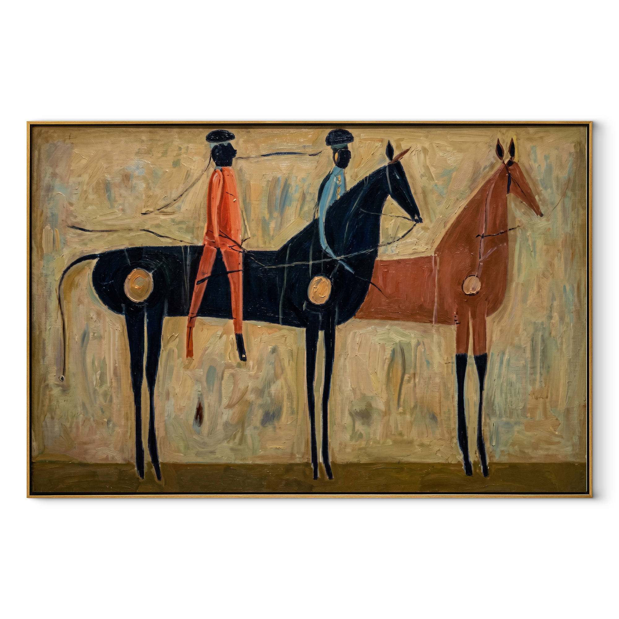 Three Riders Gather across the Painted Field - group equestrian painting by Isabelle Laurent, modern Western horizontal wall art – wood frame on white background