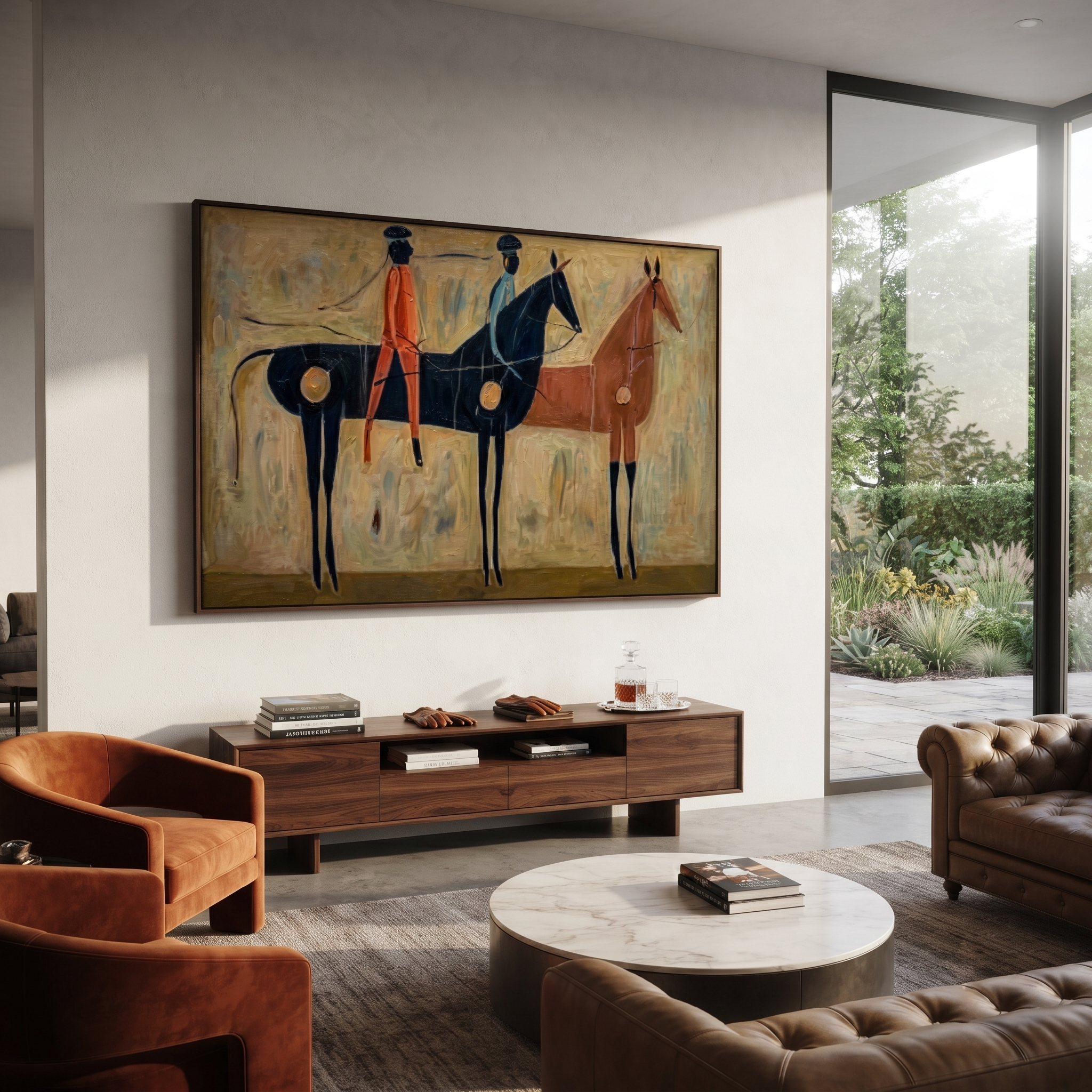 Three Riders Gather across the Painted Field - group equestrian painting by Isabelle Laurent, modern Western horizontal wall art – styled room scene view 2