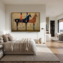 Three Riders Gather across the Painted Field - group equestrian painting by Isabelle Laurent, modern Western horizontal wall art – styled room scene view 3