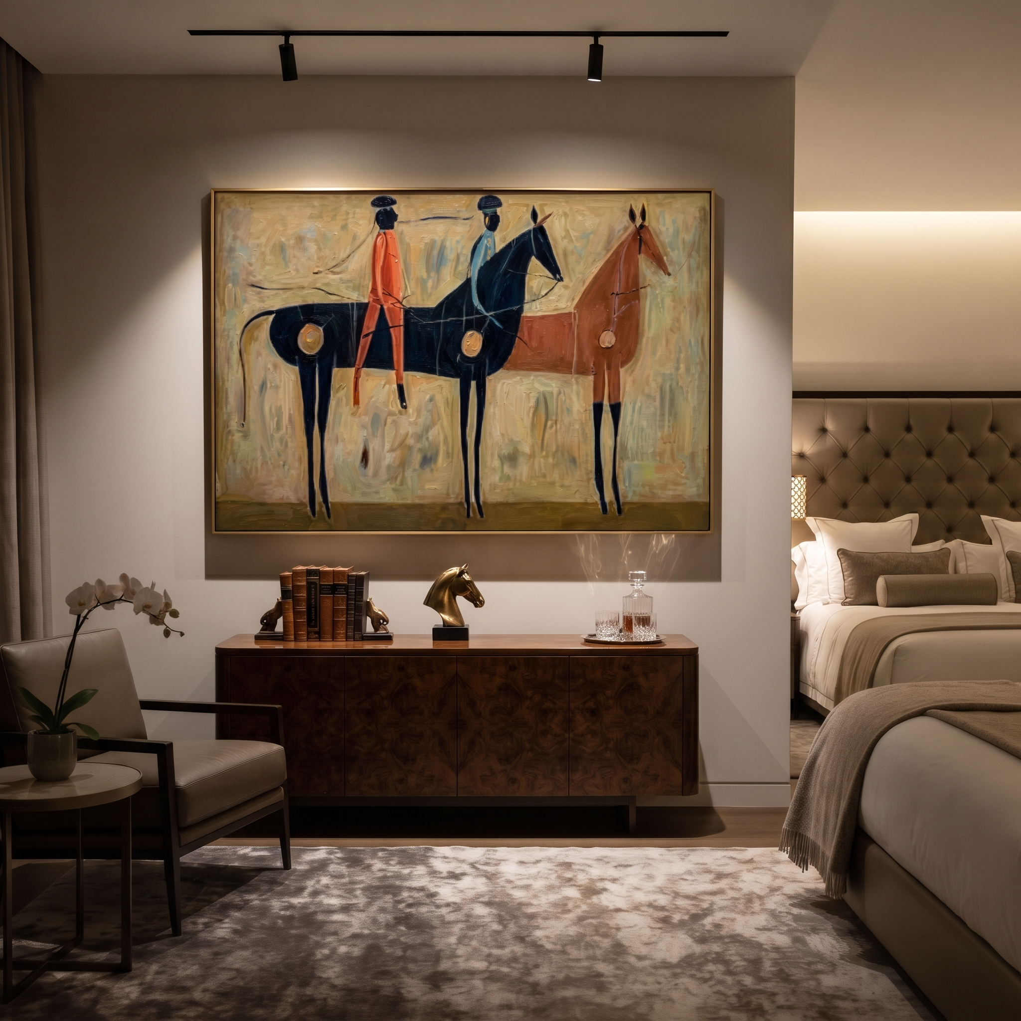 Three Riders Gather across the Painted Field - group equestrian painting by Isabelle Laurent, modern Western horizontal wall art – styled room scene view 4