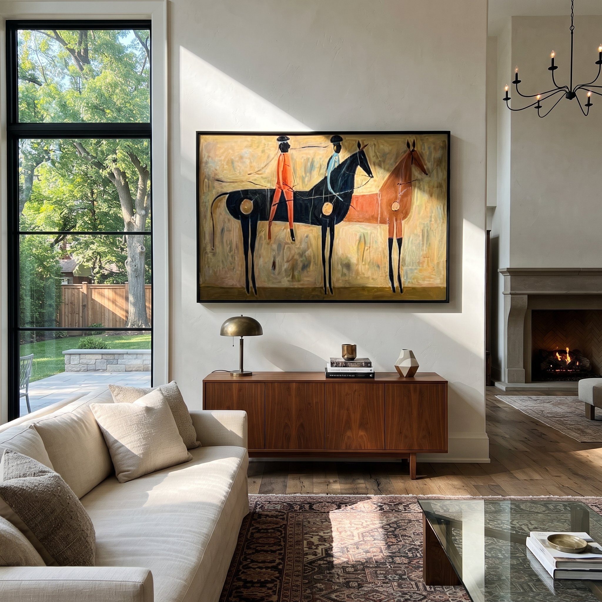 Three Riders Gather across the Painted Field - group equestrian painting by Isabelle Laurent, modern Western horizontal wall art – styled room scene view 5