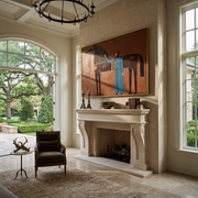 Blue Companion Rests beside the Chestnut Horse - woman and horse painting by Isabelle Laurent, modern Western horizontal wall art – styled room scene view 1