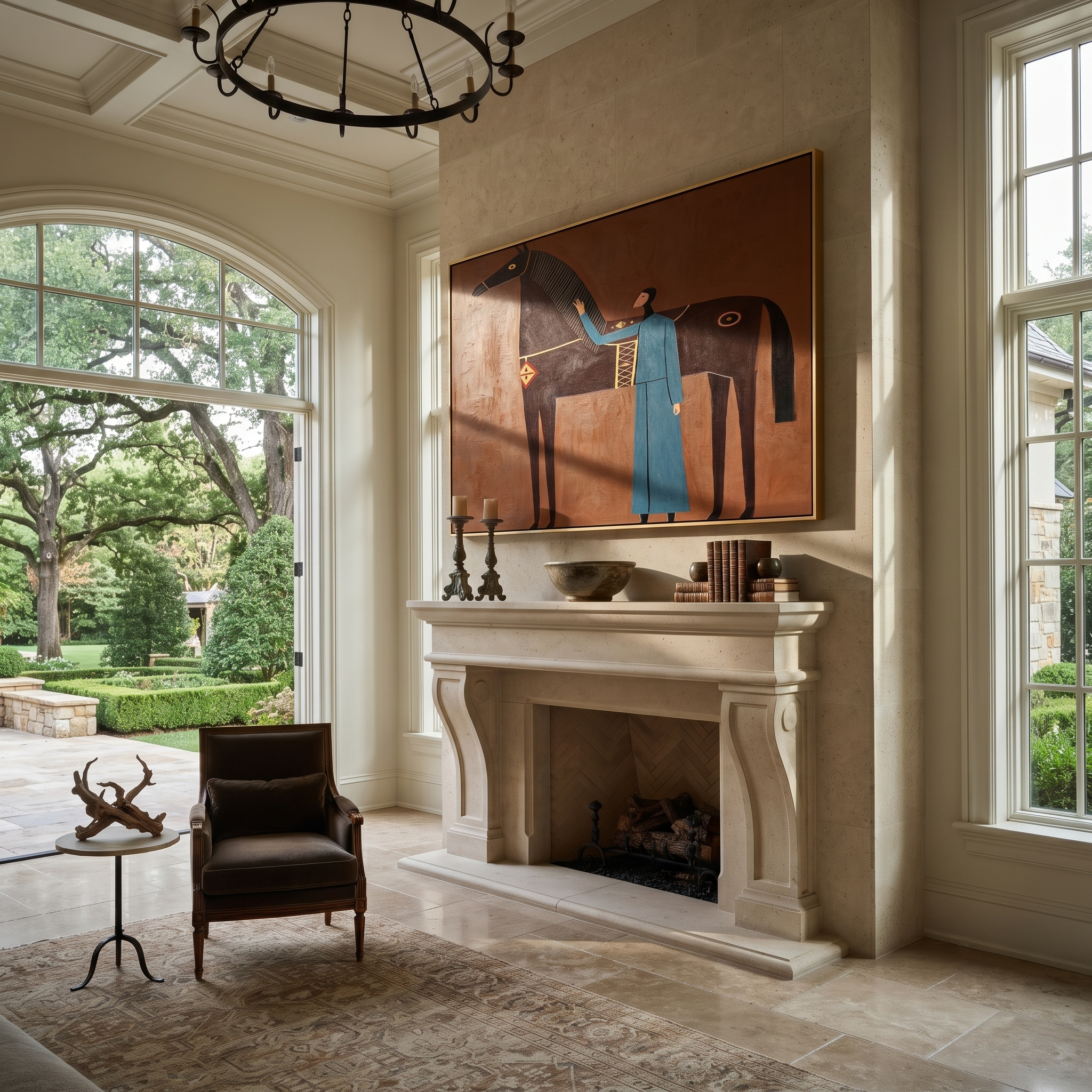Blue Companion Rests beside the Chestnut Horse - woman and horse painting by Isabelle Laurent, modern Western horizontal wall art – styled room scene view 1