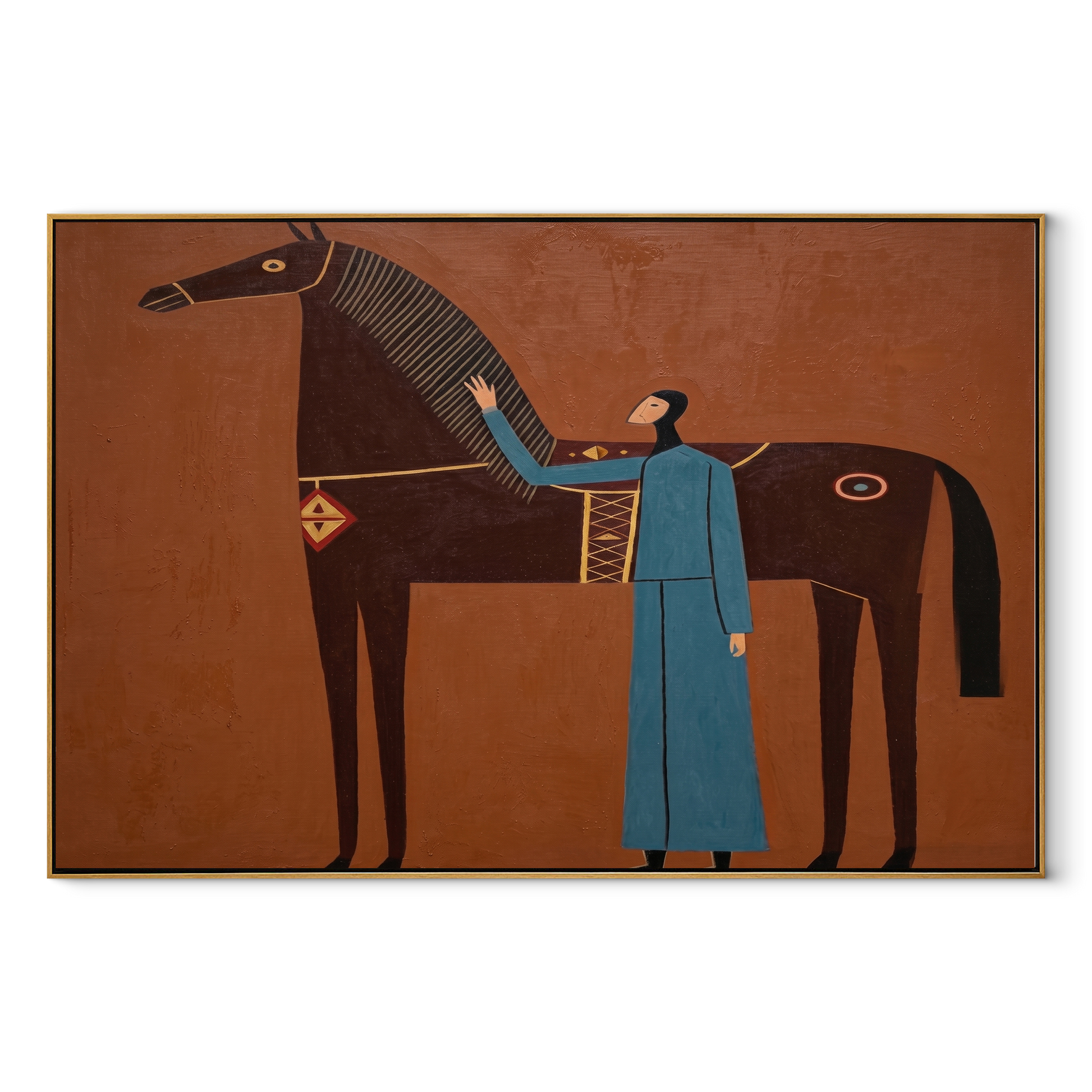 Blue Companion Rests beside the Chestnut Horse - woman and horse painting by Isabelle Laurent, modern Western horizontal wall art – wood frame on white background