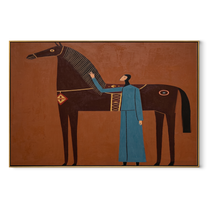 Blue Companion Rests beside the Chestnut Horse - woman and horse painting by Isabelle Laurent, modern Western horizontal wall art – wood frame on white background