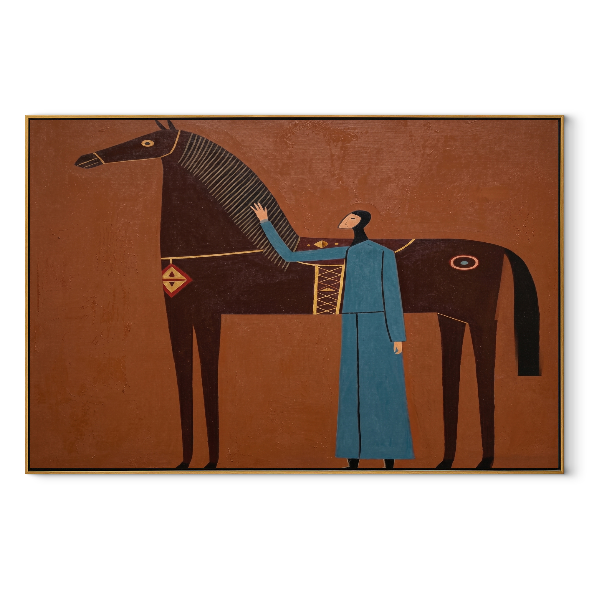 Blue Companion Rests beside the Chestnut Horse - woman and horse painting by Isabelle Laurent, modern Western horizontal wall art – wood frame on white background