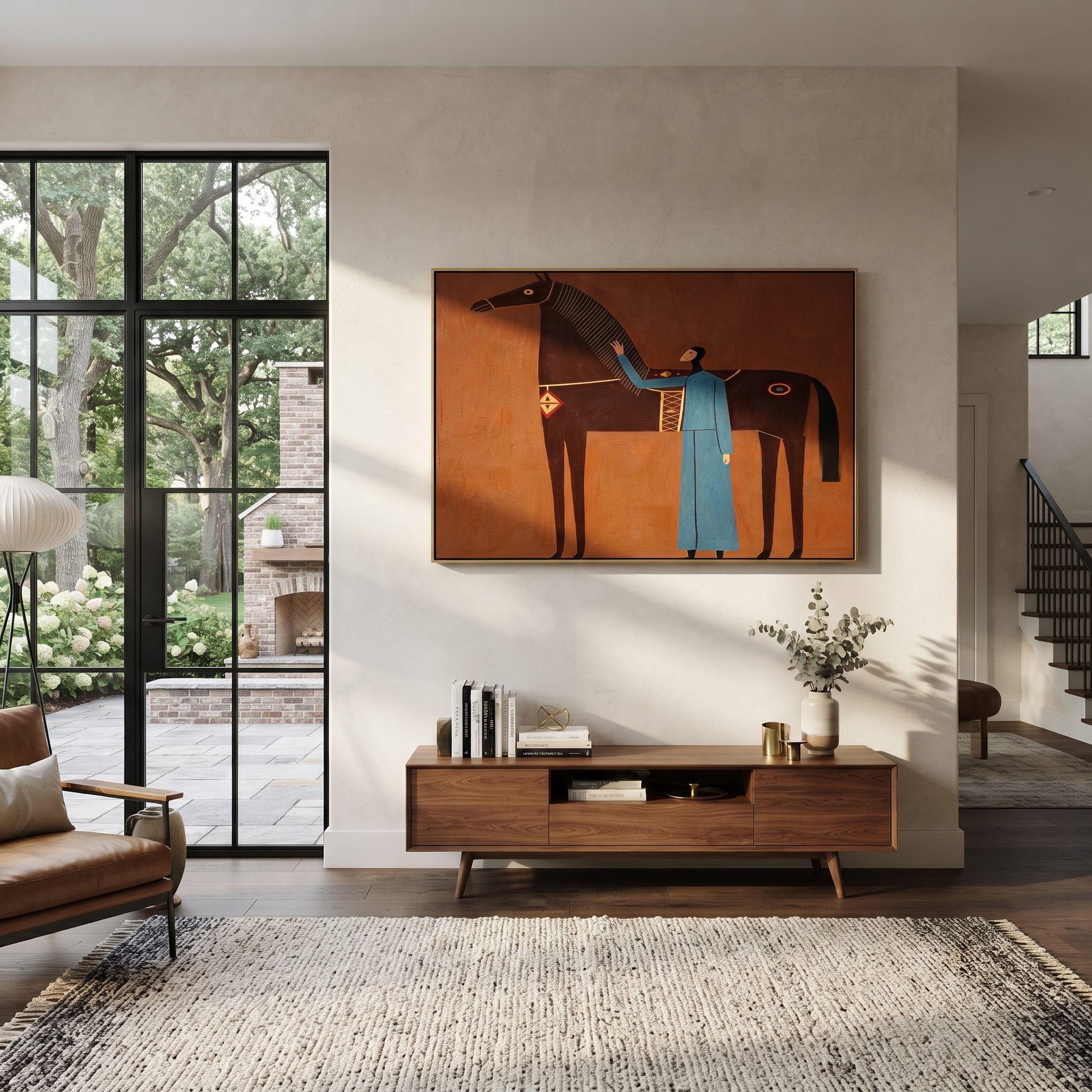 Blue Companion Rests beside the Chestnut Horse - woman and horse painting by Isabelle Laurent, modern Western horizontal wall art – styled room scene view 2