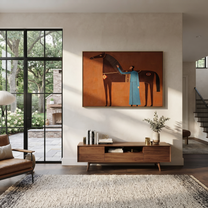 Blue Companion Rests beside the Chestnut Horse - woman and horse painting by Isabelle Laurent, modern Western horizontal wall art – styled room scene view 2