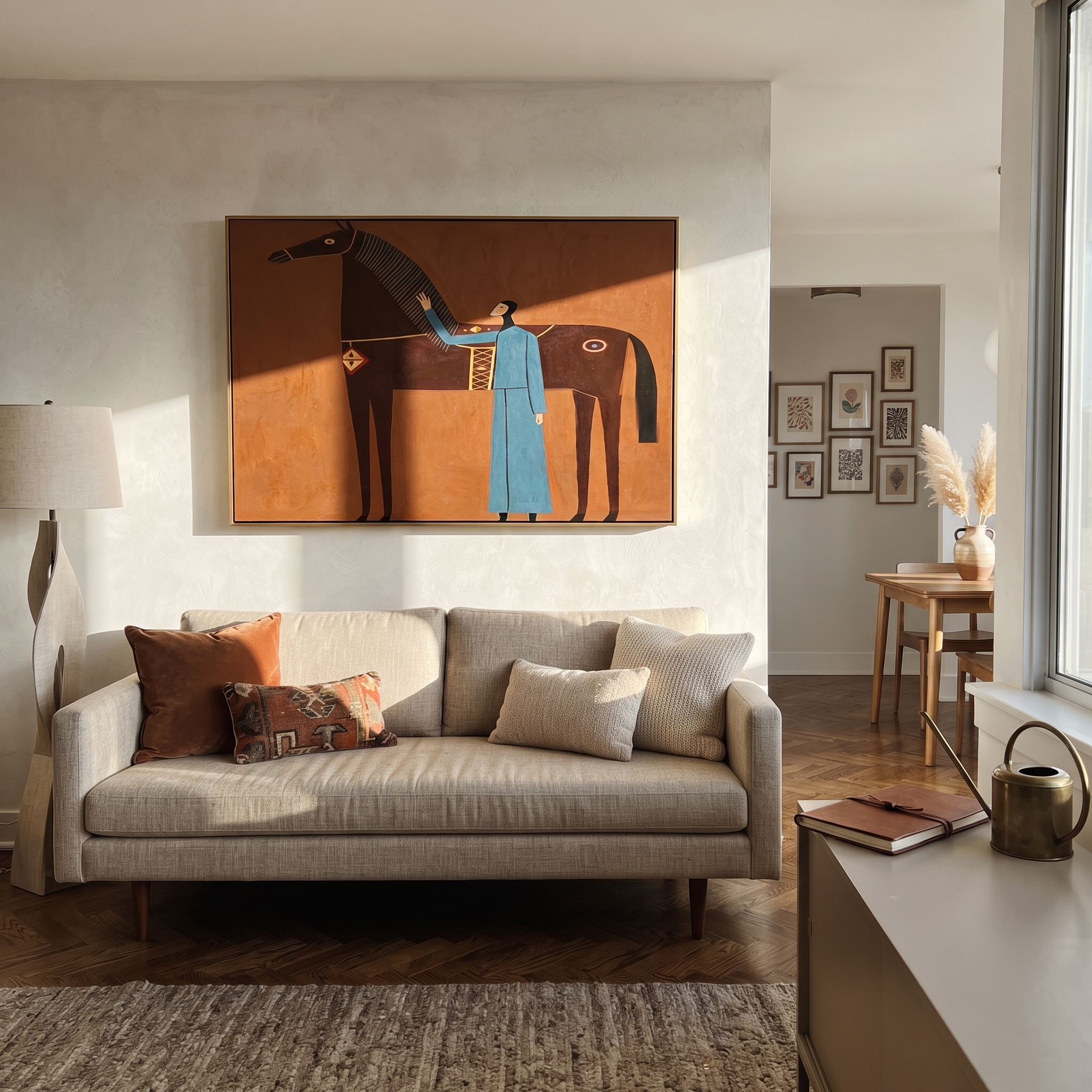 Blue Companion Rests beside the Chestnut Horse - woman and horse painting by Isabelle Laurent, modern Western horizontal wall art – styled room scene view 3