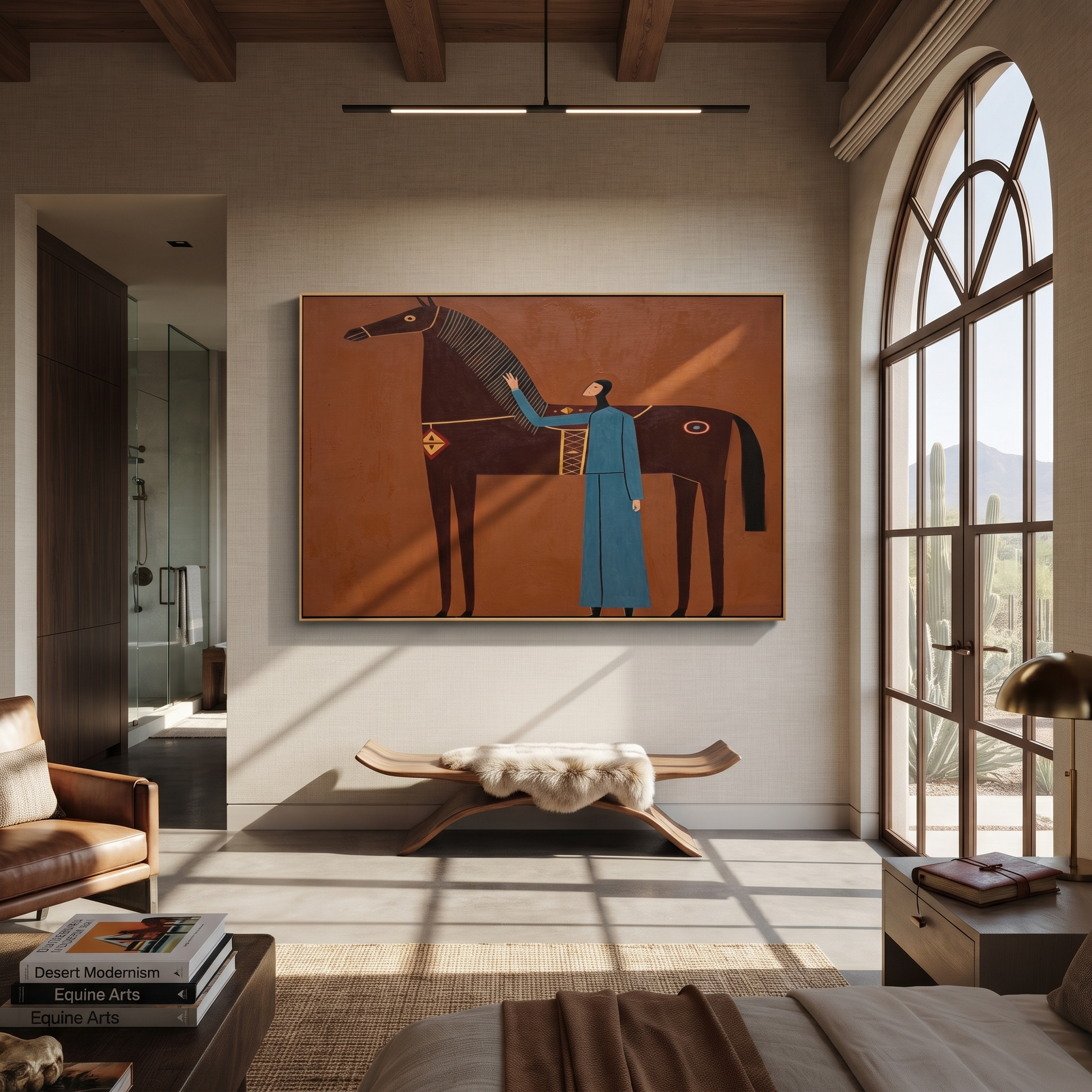 Blue Companion Rests beside the Chestnut Horse - woman and horse painting by Isabelle Laurent, modern Western horizontal wall art – styled room scene view 4