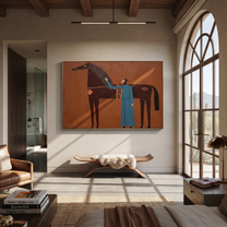 Blue Companion Rests beside the Chestnut Horse - woman and horse painting by Isabelle Laurent, modern Western horizontal wall art – styled room scene view 4