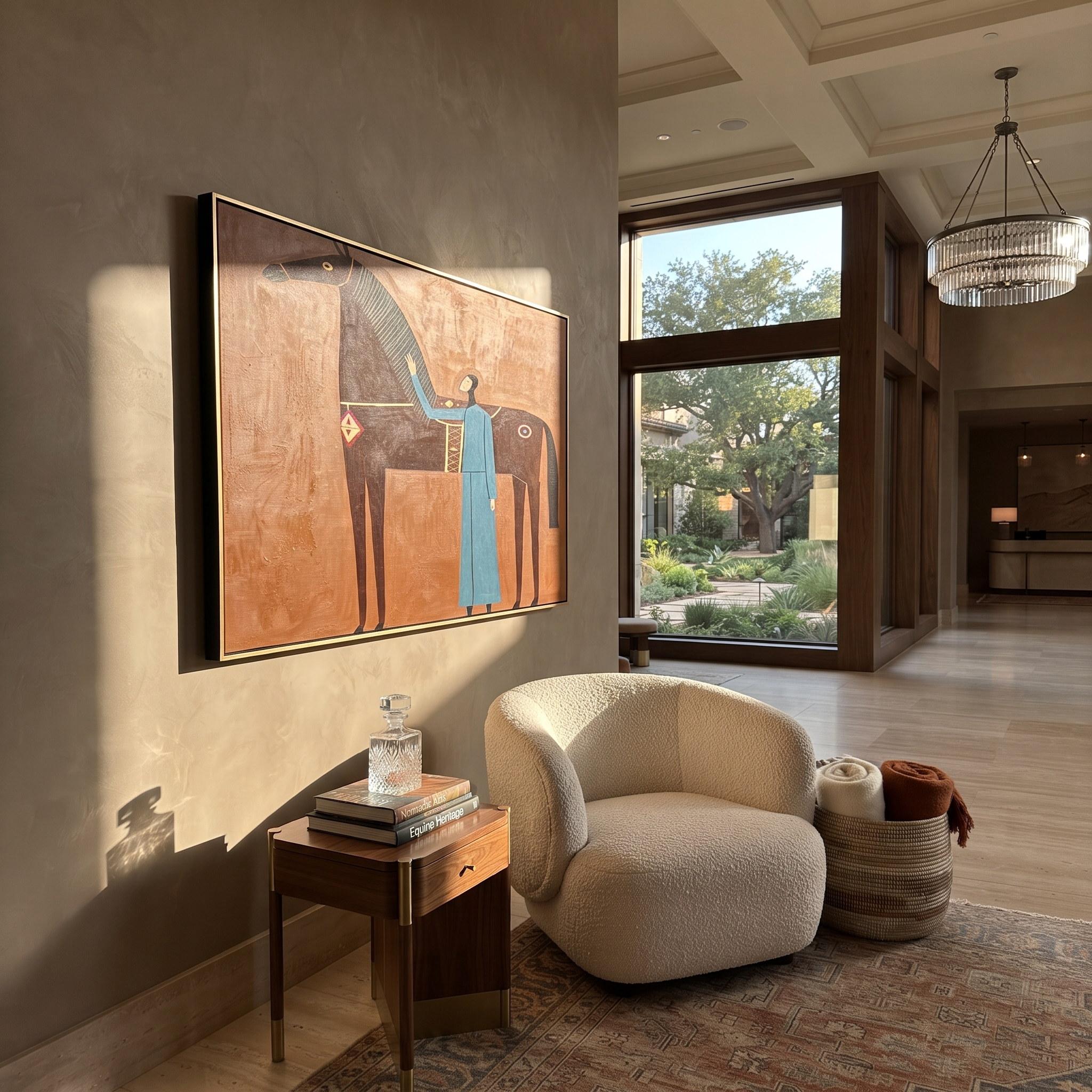 Blue Companion Rests beside the Chestnut Horse - woman and horse painting by Isabelle Laurent, modern Western horizontal wall art – styled room scene view 5