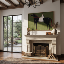 White Fabric Flows across the Black Horse - woman on black horse painting by Isabelle Laurent, modern Western horizontal wall art – styled room scene view 1