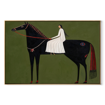 White Fabric Flows across the Black Horse - woman on black horse painting by Isabelle Laurent, modern Western horizontal wall art – wood frame on white background