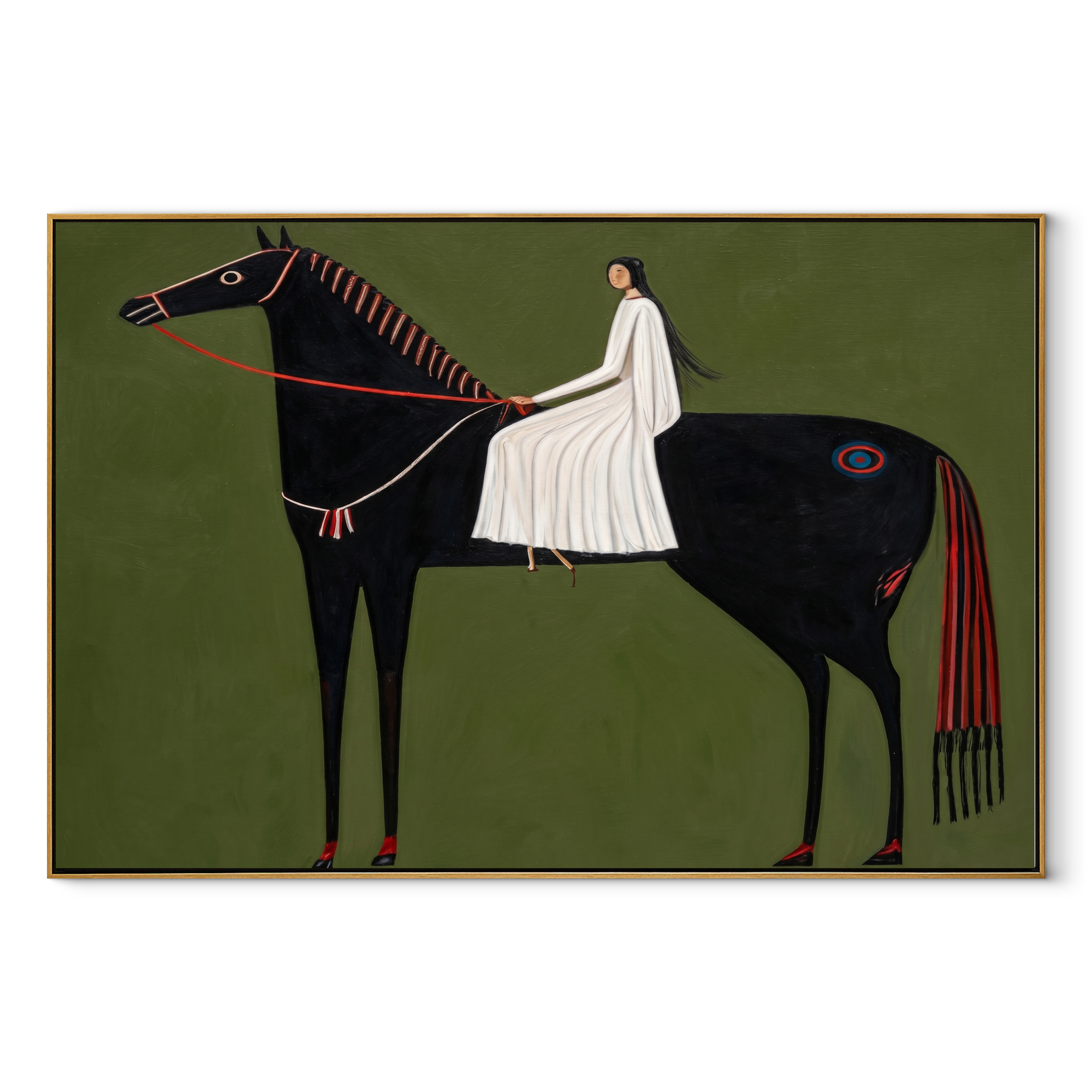White Fabric Flows across the Black Horse - woman on black horse painting by Isabelle Laurent, modern Western horizontal wall art – wood frame on white background