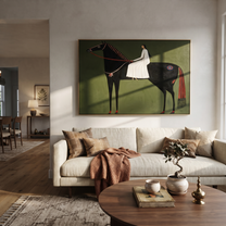 White Fabric Flows across the Black Horse - woman on black horse painting by Isabelle Laurent, modern Western horizontal wall art – styled room scene view 2