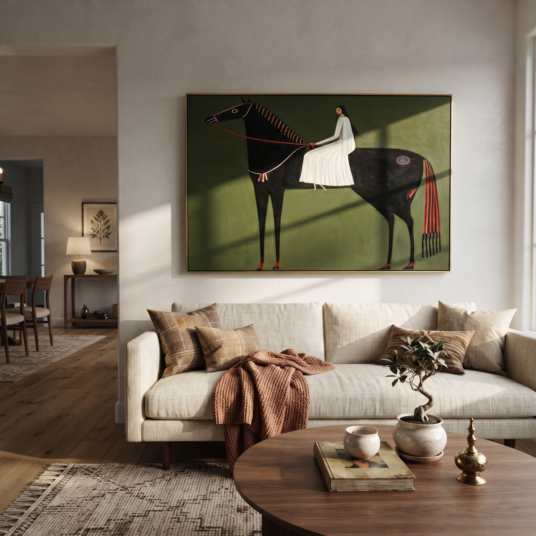 White Fabric Flows across the Black Horse - woman on black horse painting by Isabelle Laurent, modern Western horizontal wall art – styled room scene view 2