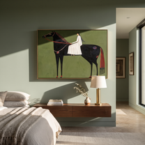 White Fabric Flows across the Black Horse - woman on black horse painting by Isabelle Laurent, modern Western horizontal wall art – styled room scene view 3