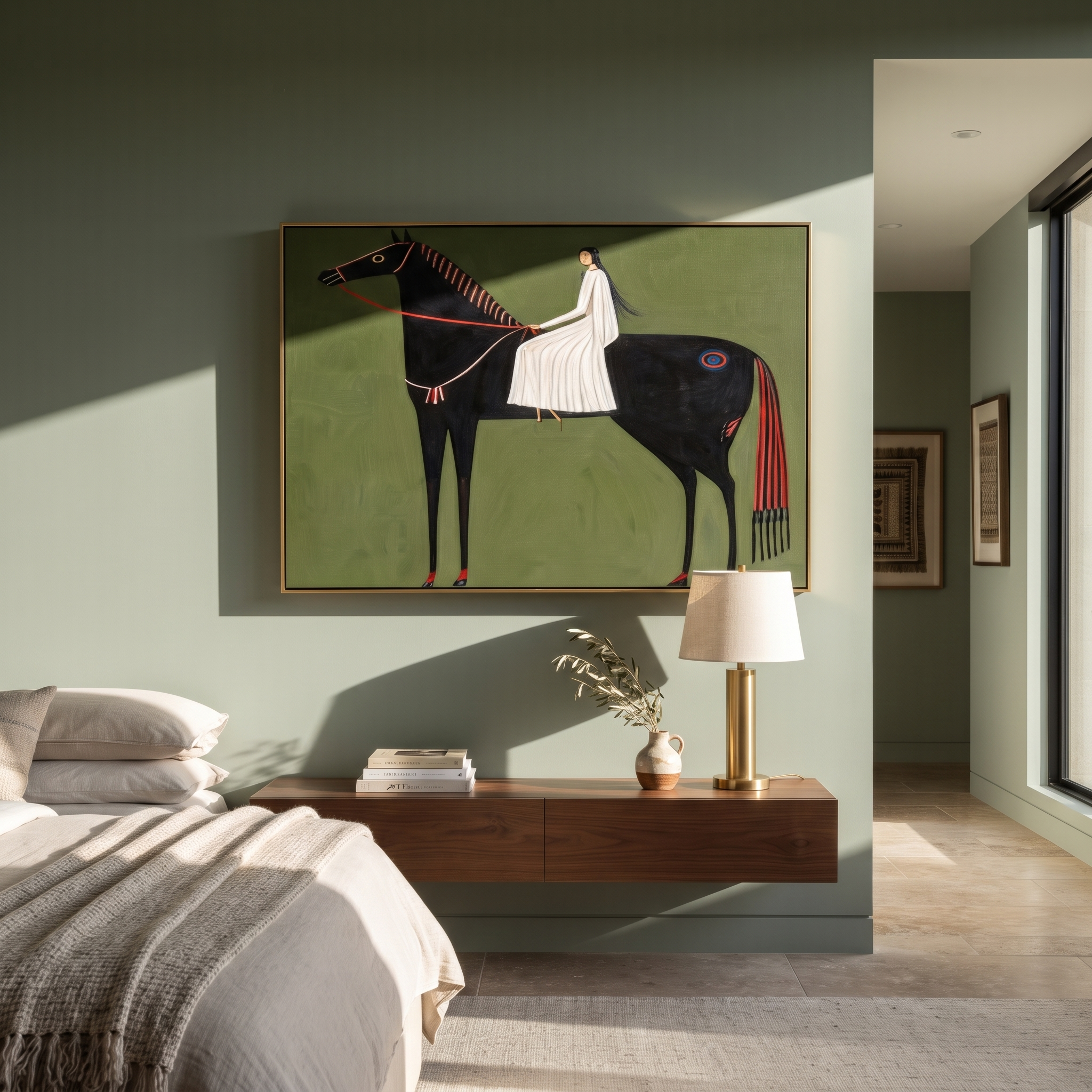 White Fabric Flows across the Black Horse - woman on black horse painting by Isabelle Laurent, modern Western horizontal wall art – styled room scene view 3