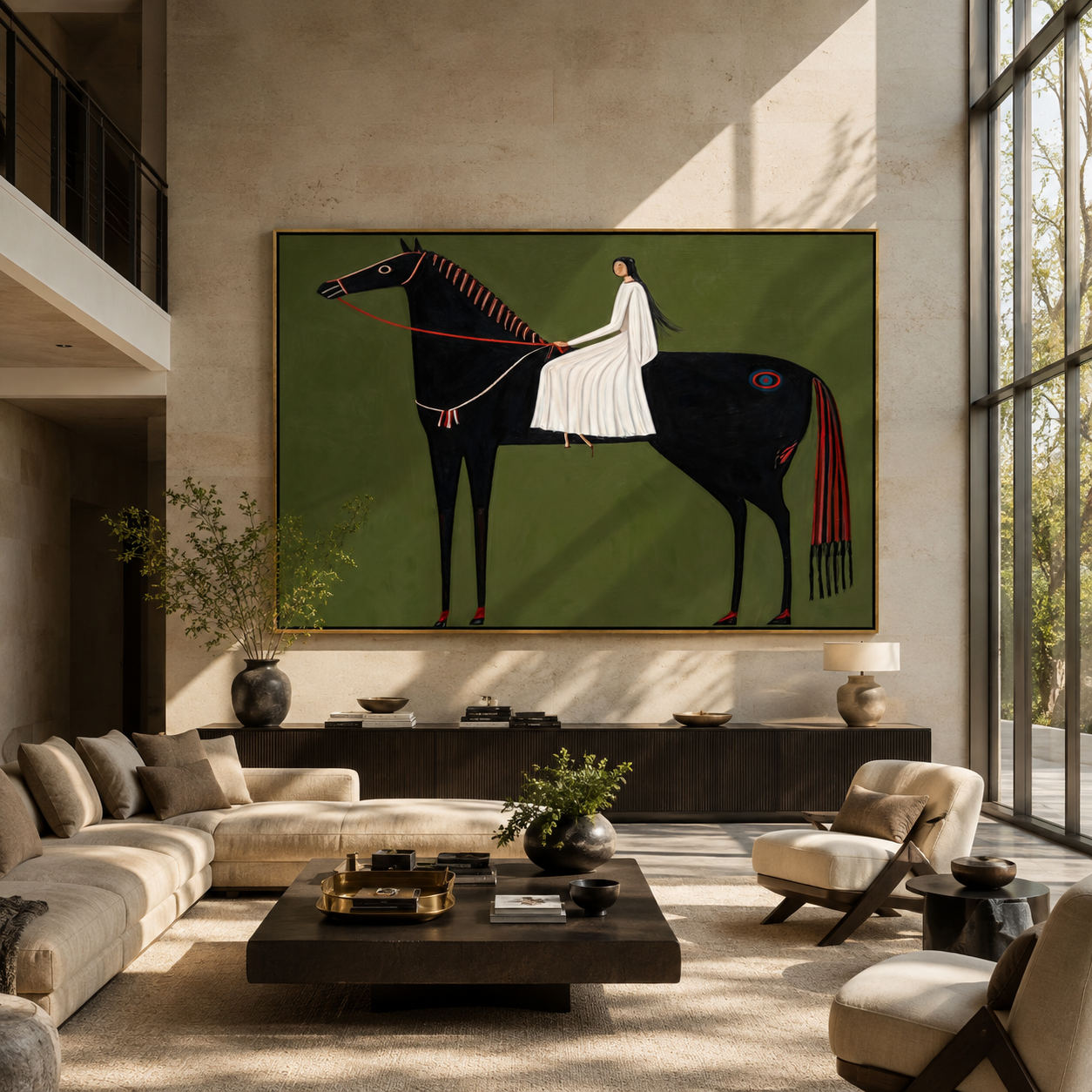 White Fabric Flows across the Black Horse - woman on black horse painting by Isabelle Laurent, modern Western horizontal wall art – styled room scene view 4