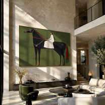 White Fabric Flows across the Black Horse - woman on black horse painting by Isabelle Laurent, modern Western horizontal wall art – styled room scene view 5