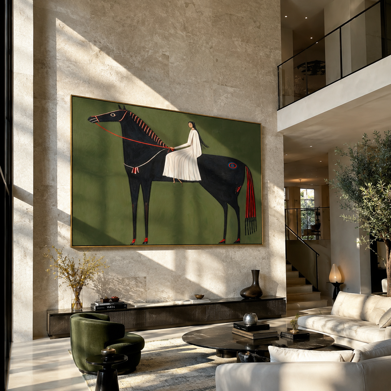 White Fabric Flows across the Black Horse - woman on black horse painting by Isabelle Laurent, modern Western horizontal wall art – styled room scene view 5
