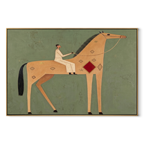 The Pale Rider Crosses the Sage Horizon - tan horse rider painting by Isabelle Laurent, modern Western horizontal wall art – wood frame on white background