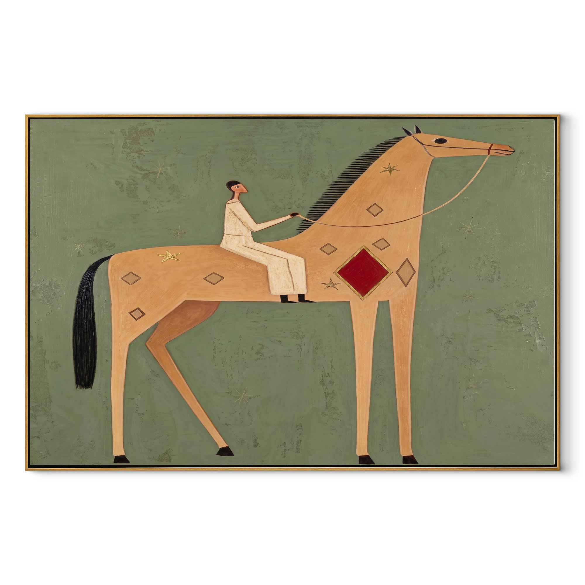 The Pale Rider Crosses the Sage Horizon - tan horse rider painting by Isabelle Laurent, modern Western horizontal wall art – wood frame on white background