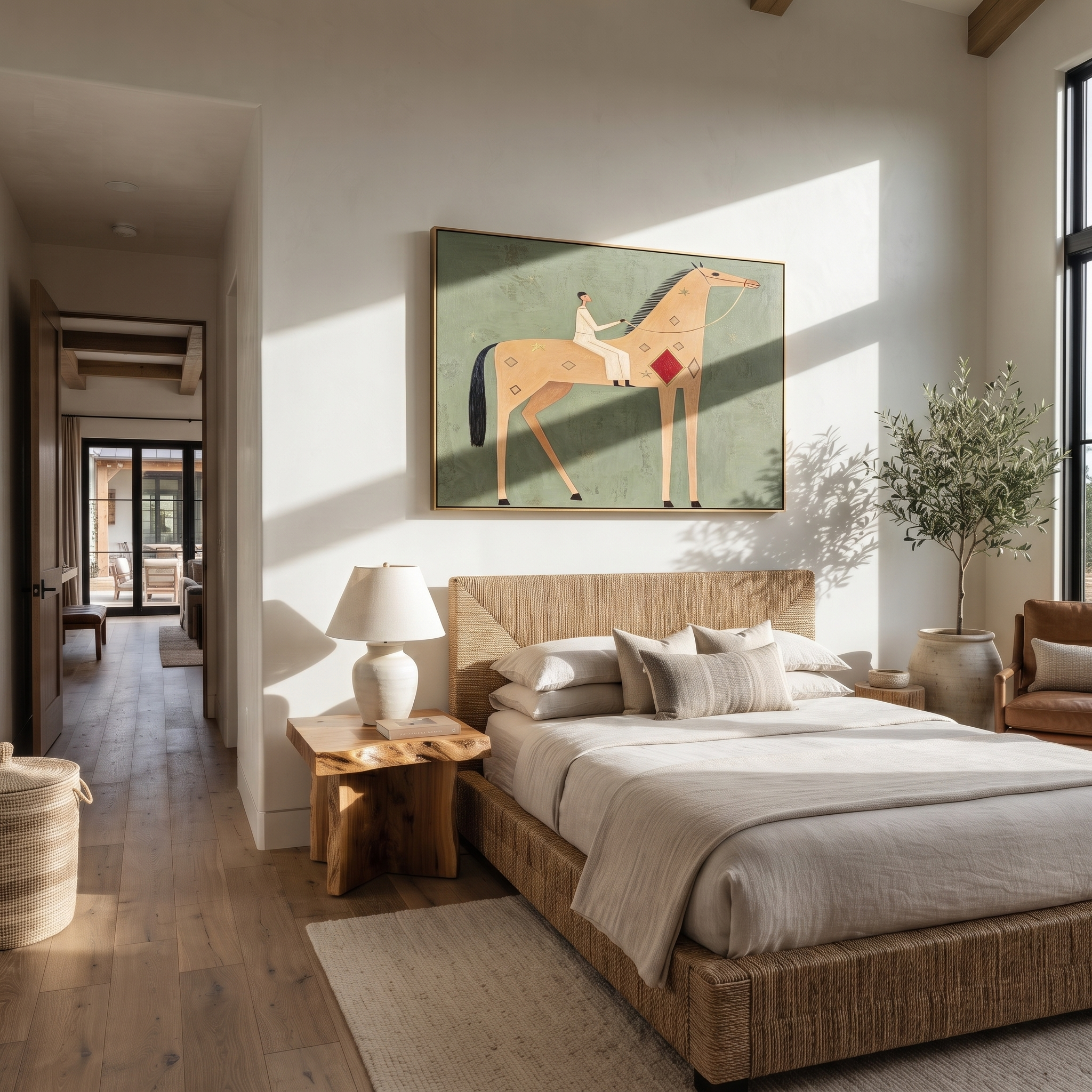 The Pale Rider Crosses the Sage Horizon - tan horse rider painting by Isabelle Laurent, modern Western horizontal wall art – styled room scene view 2