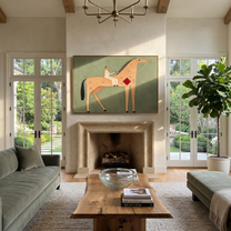 The Pale Rider Crosses the Sage Horizon - tan horse rider painting by Isabelle Laurent, modern Western horizontal wall art – styled room scene view 4