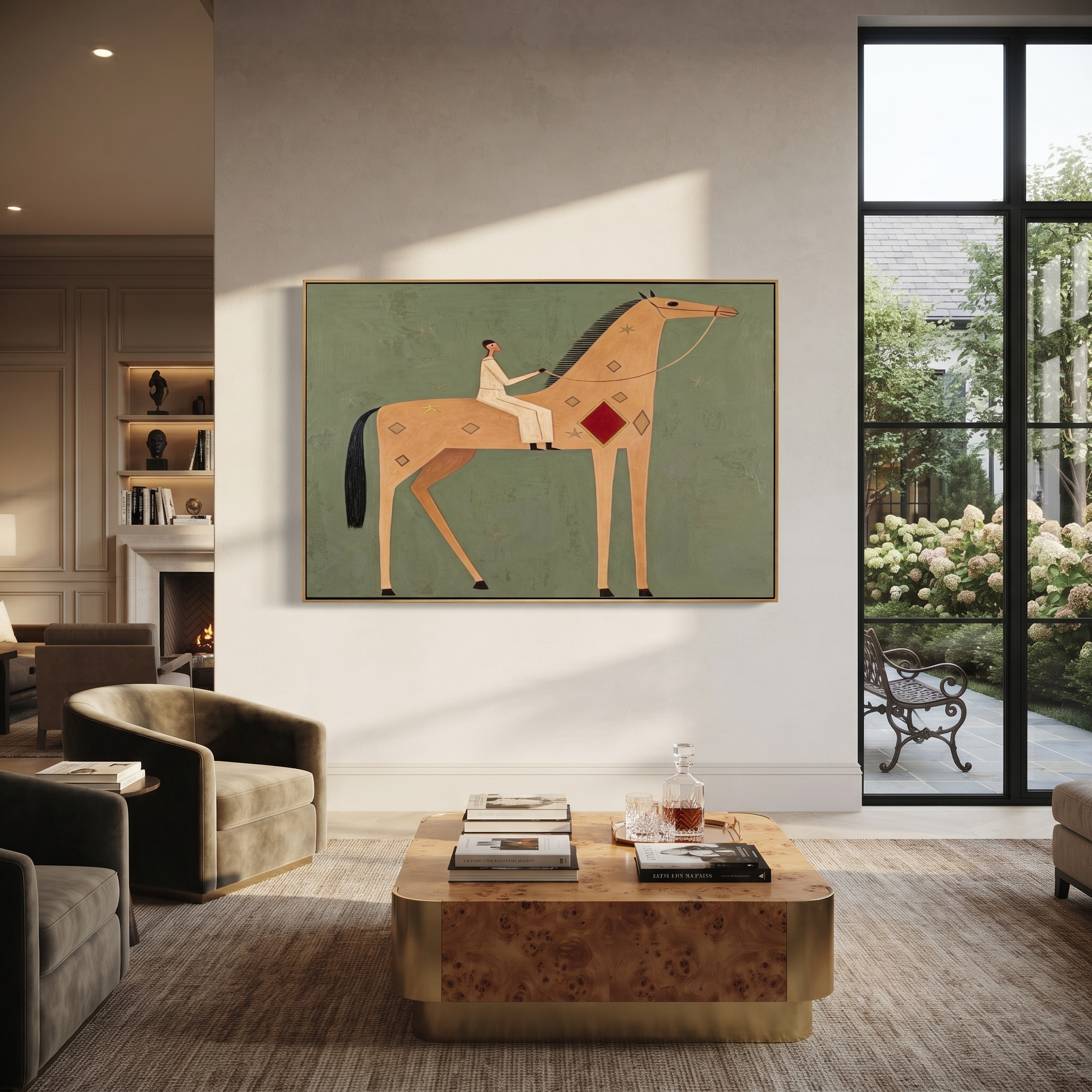 The Pale Rider Crosses the Sage Horizon - tan horse rider painting by Isabelle Laurent, modern Western horizontal wall art – styled room scene view 5