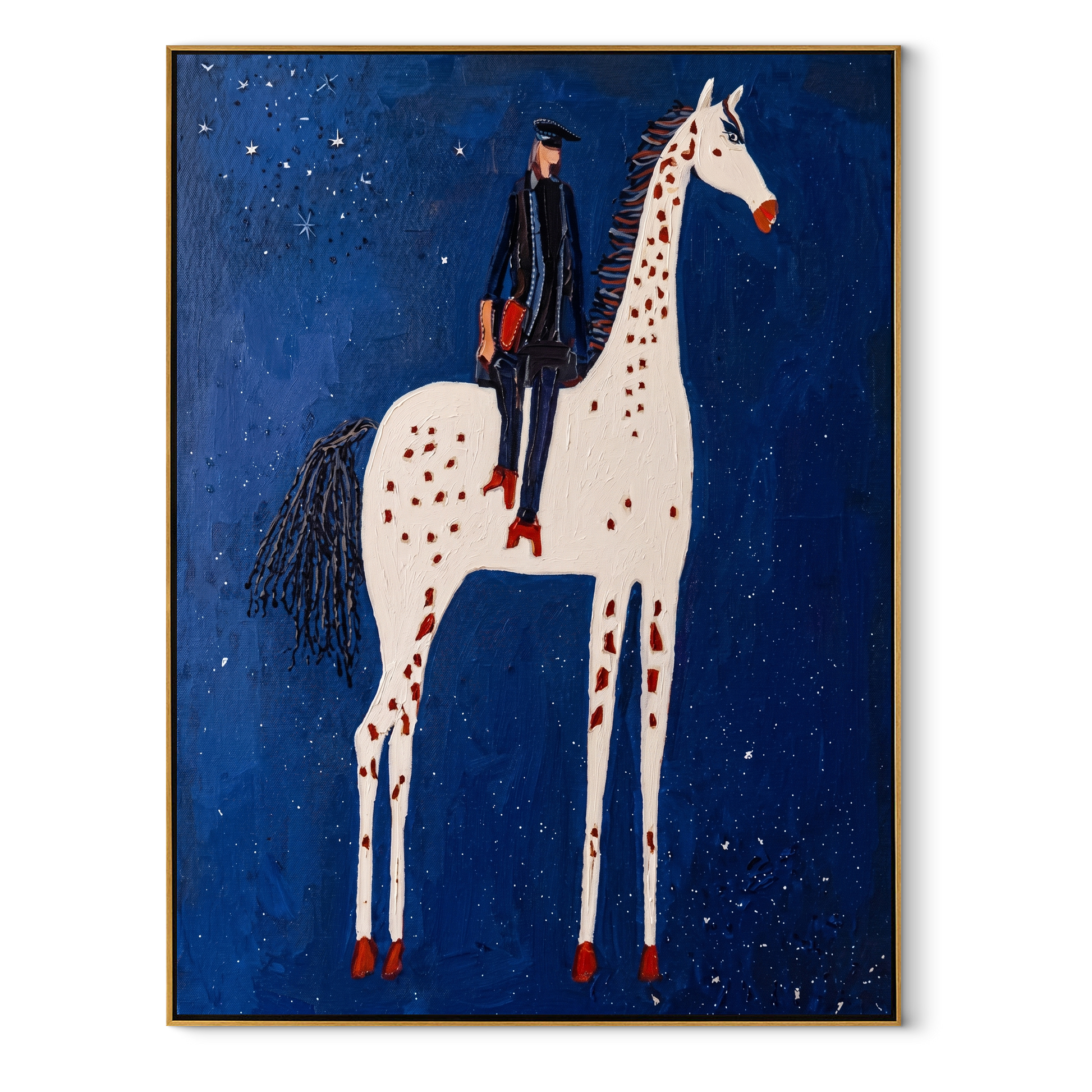 White Spots Rise through the Blue Night - spotted horse rider painting by Isabelle Laurent, modern Western vertical wall art – wood frame on white background