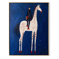 White Spots Rise through the Blue Night - spotted horse rider painting by Isabelle Laurent, modern Western vertical wall art – wood frame on white background