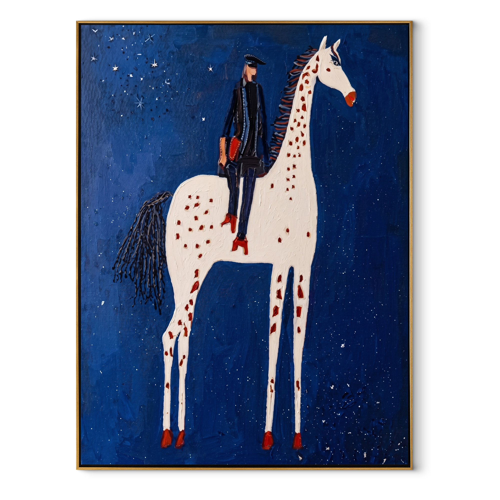White Spots Rise through the Blue Night - spotted horse rider painting by Isabelle Laurent, modern Western vertical wall art – wood frame on white background