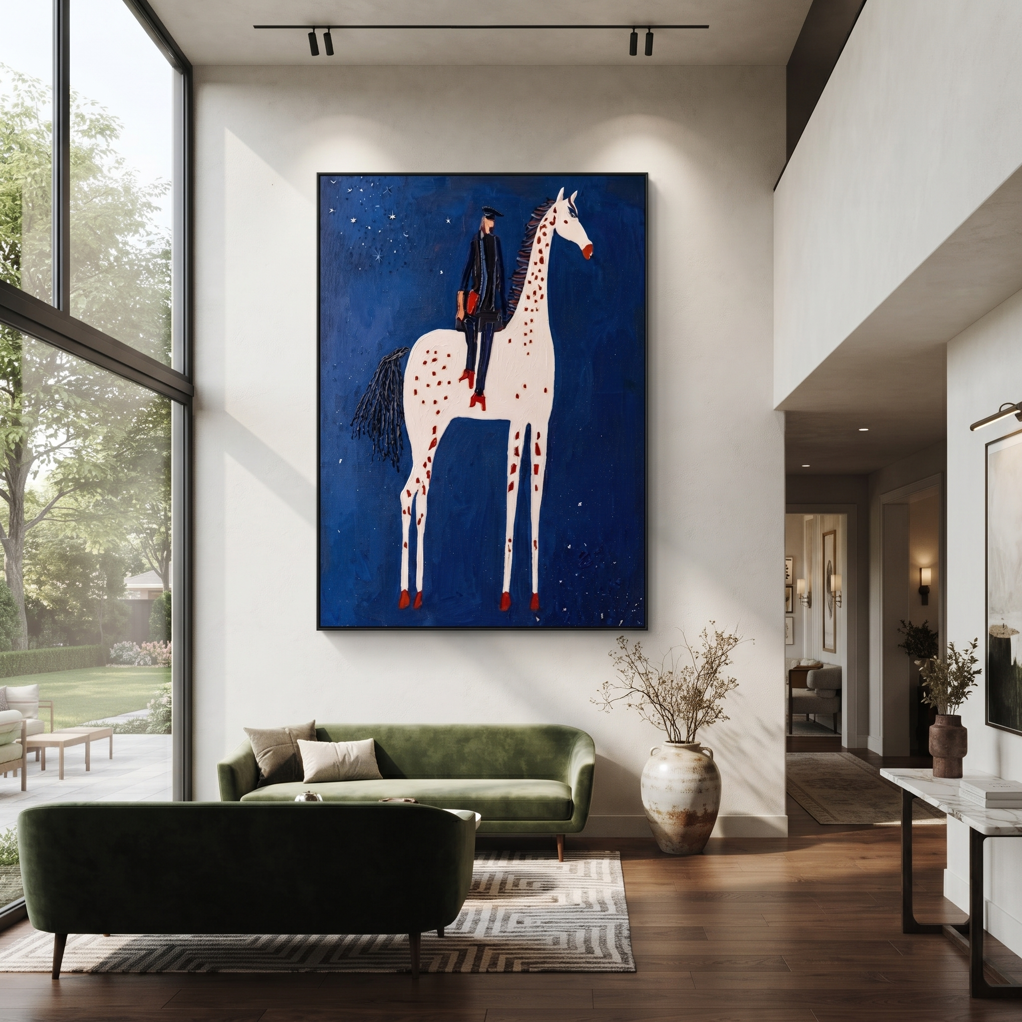 White Spots Rise through the Blue Night - spotted horse rider painting by Isabelle Laurent, modern Western vertical wall art – styled room scene view 2