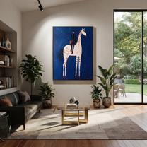 White Spots Rise through the Blue Night - spotted horse rider painting by Isabelle Laurent, modern Western vertical wall art – styled room scene view 3