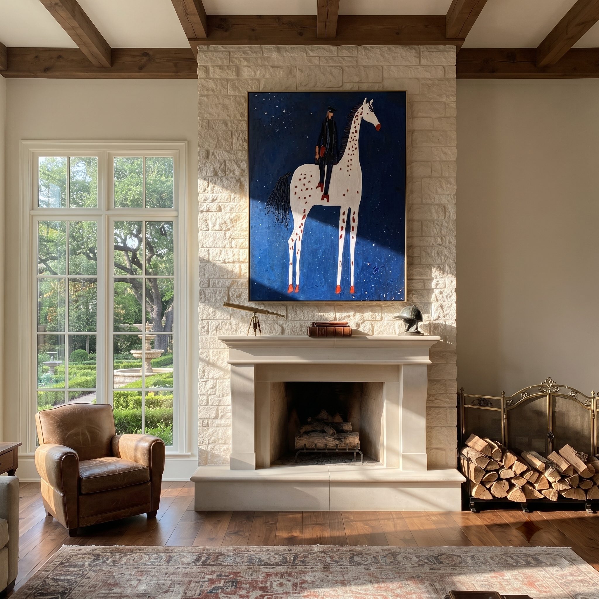 White Spots Rise through the Blue Night - spotted horse rider painting by Isabelle Laurent, modern Western vertical wall art – styled room scene view 4