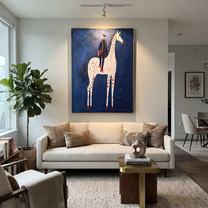 White Spots Rise through the Blue Night - spotted horse rider painting by Isabelle Laurent, modern Western vertical wall art – styled room scene view 5