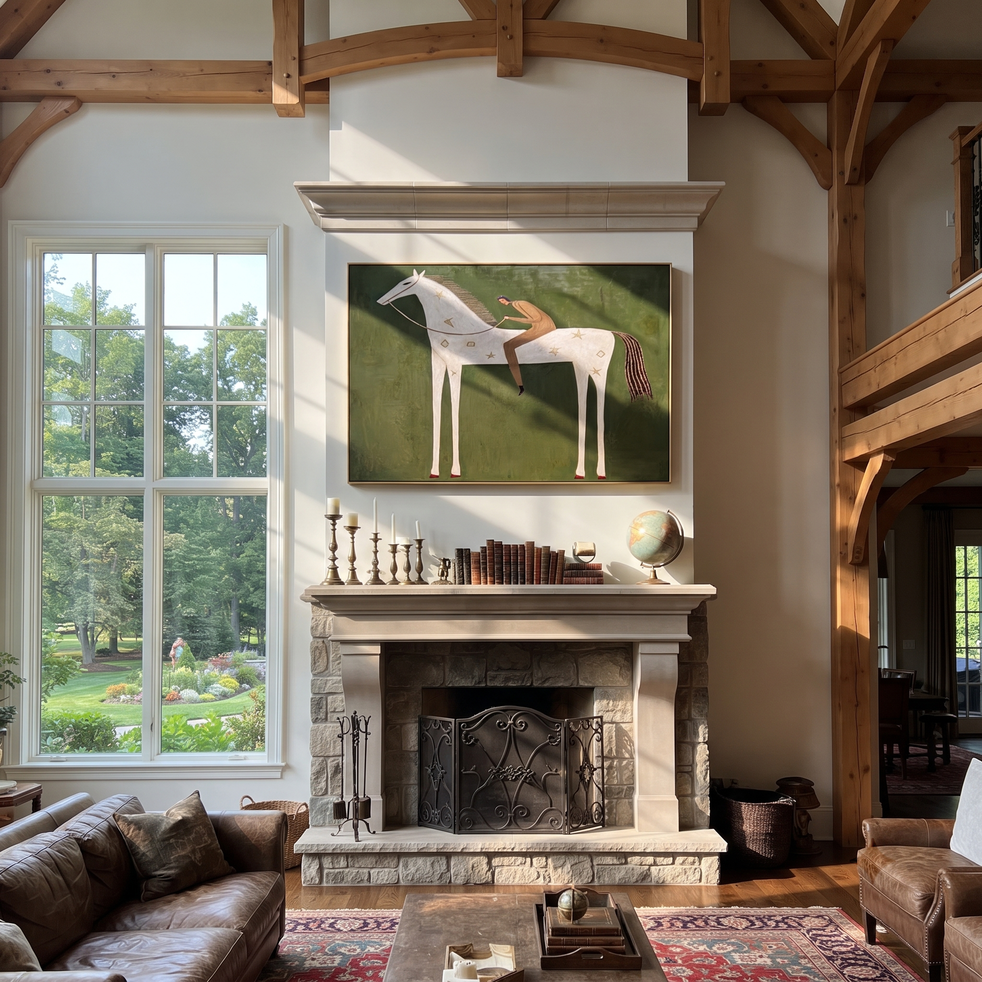 The Reclining Figure Trusts the White Horse - reclining horse figure painting by Isabelle Laurent, modern Western horizontal wall art – styled room scene view 1