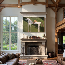 The Reclining Figure Trusts the White Horse - reclining horse figure painting by Isabelle Laurent, modern Western horizontal wall art – styled room scene view 1