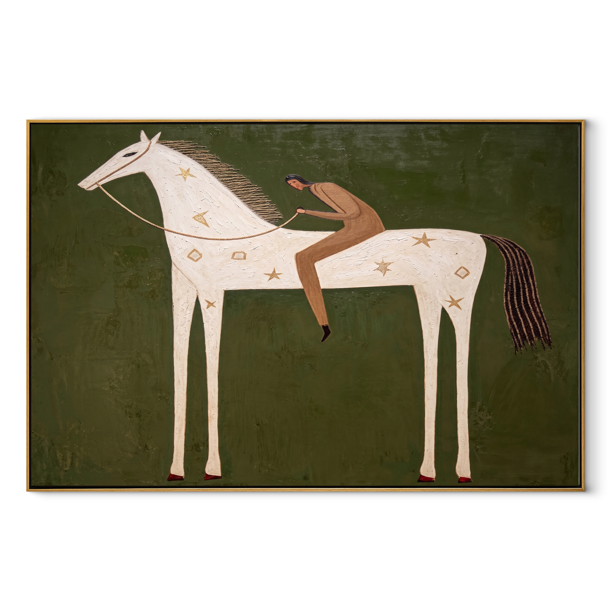 The Reclining Figure Trusts the White Horse - reclining horse figure painting by Isabelle Laurent, modern Western horizontal wall art – wood frame on white background