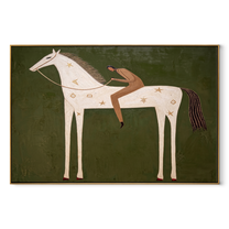 The Reclining Figure Trusts the White Horse - reclining horse figure painting by Isabelle Laurent, modern Western horizontal wall art – wood frame on white background