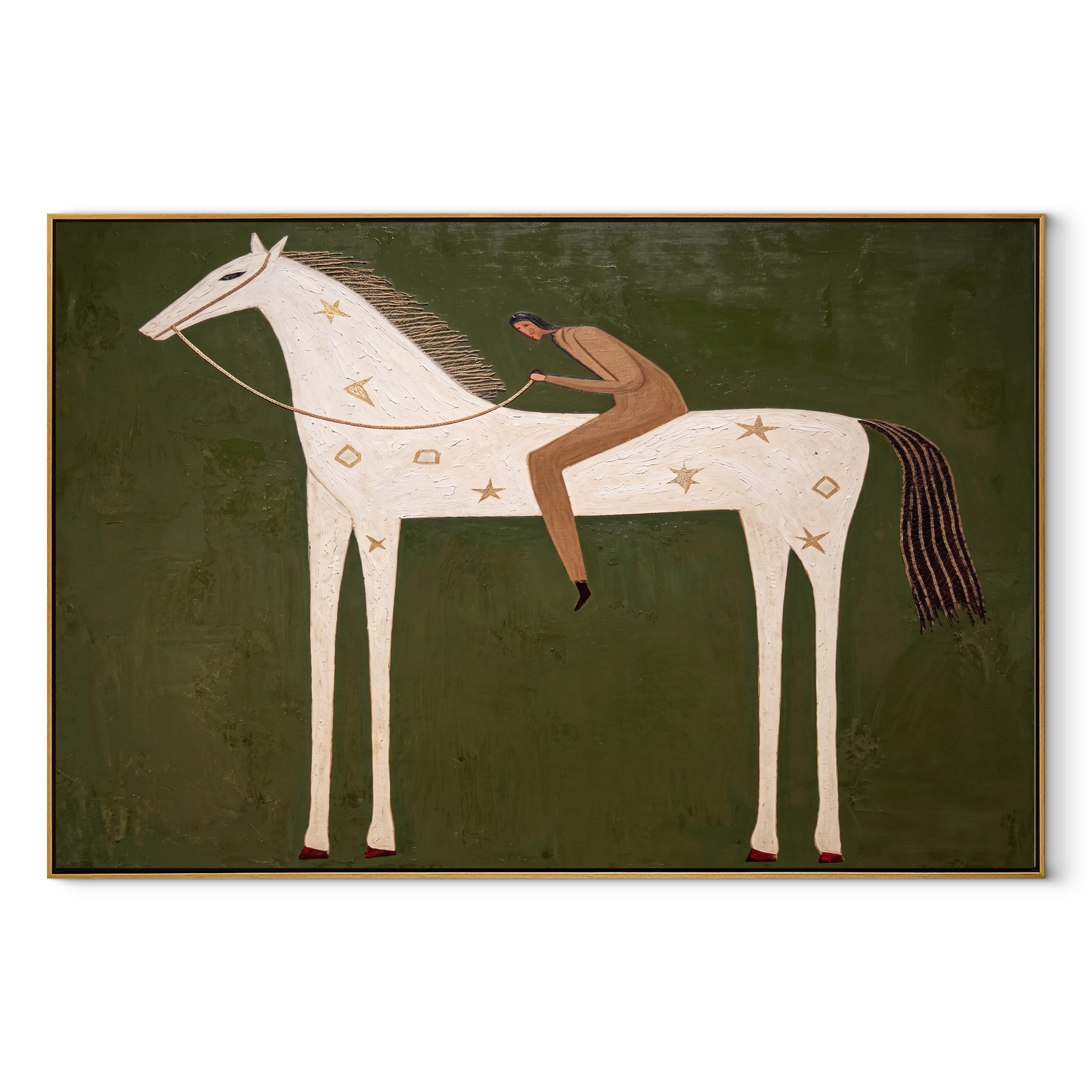 The Reclining Figure Trusts the White Horse - reclining horse figure painting by Isabelle Laurent, modern Western horizontal wall art – wood frame on white background