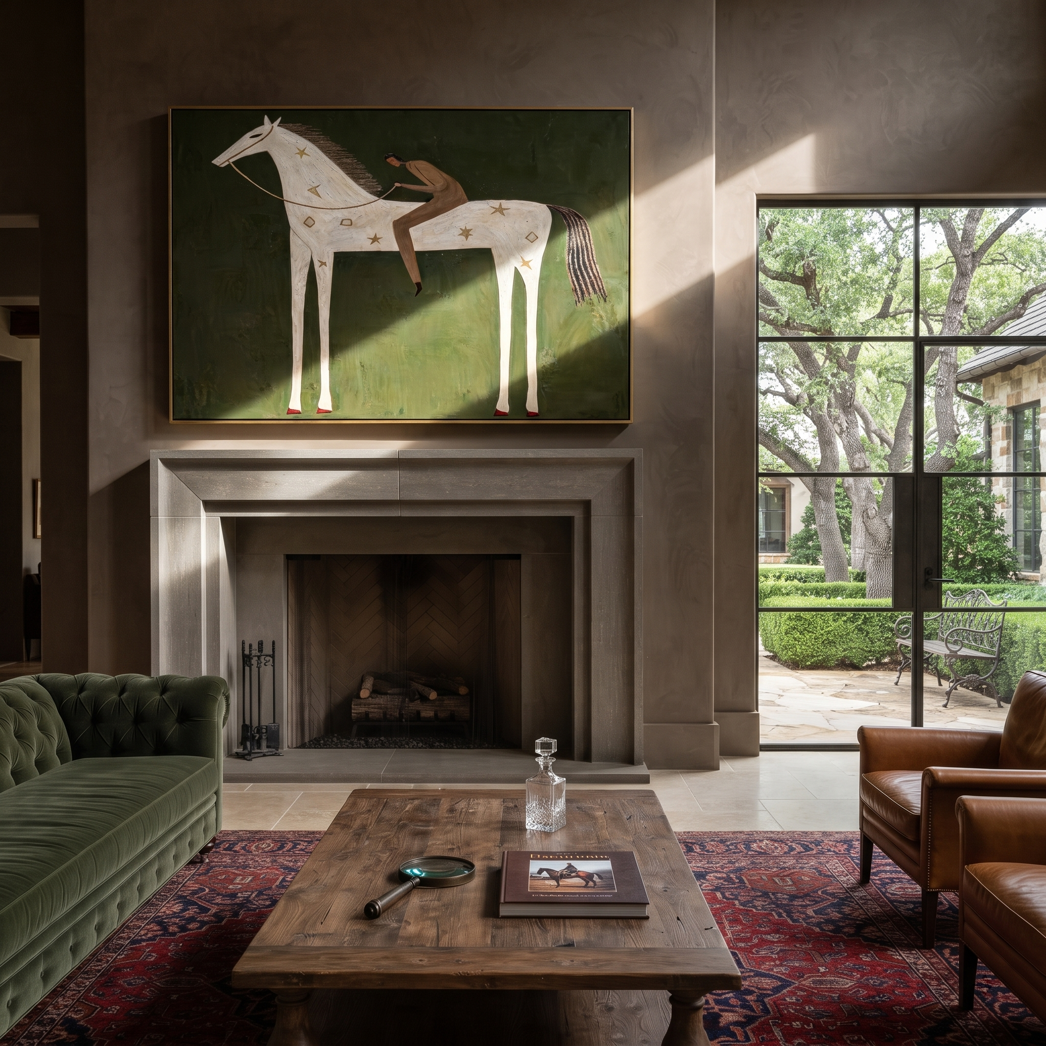 The Reclining Figure Trusts the White Horse - reclining horse figure painting by Isabelle Laurent, modern Western horizontal wall art – styled room scene view 2