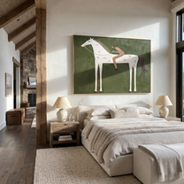 The Reclining Figure Trusts the White Horse - reclining horse figure painting by Isabelle Laurent, modern Western horizontal wall art – styled room scene view 3