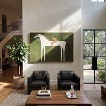 The Reclining Figure Trusts the White Horse - reclining horse figure painting by Isabelle Laurent, modern Western horizontal wall art – styled room scene view 4