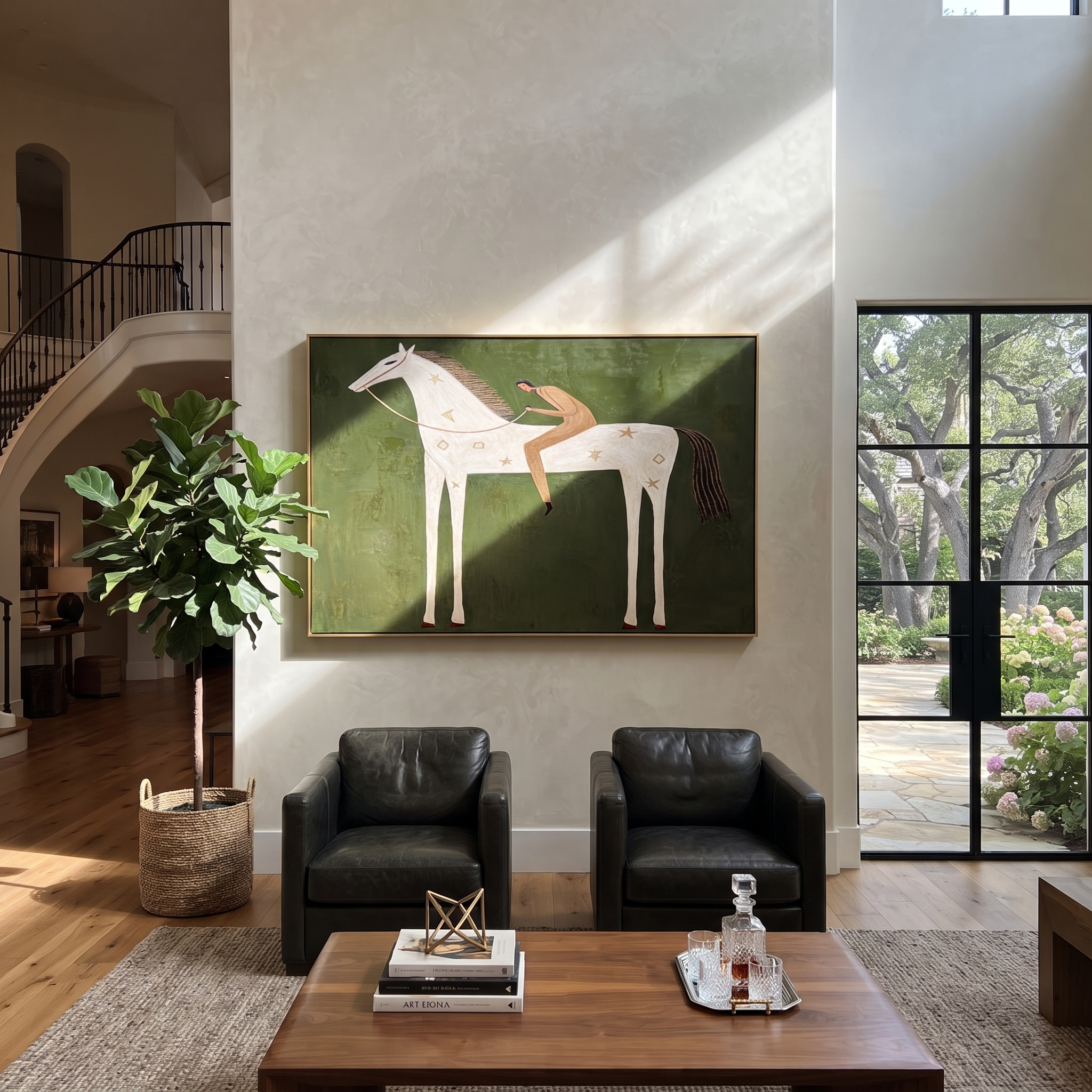 The Reclining Figure Trusts the White Horse - reclining horse figure painting by Isabelle Laurent, modern Western horizontal wall art – styled room scene view 4