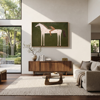 The Reclining Figure Trusts the White Horse - reclining horse figure painting by Isabelle Laurent, modern Western horizontal wall art – styled room scene view 5