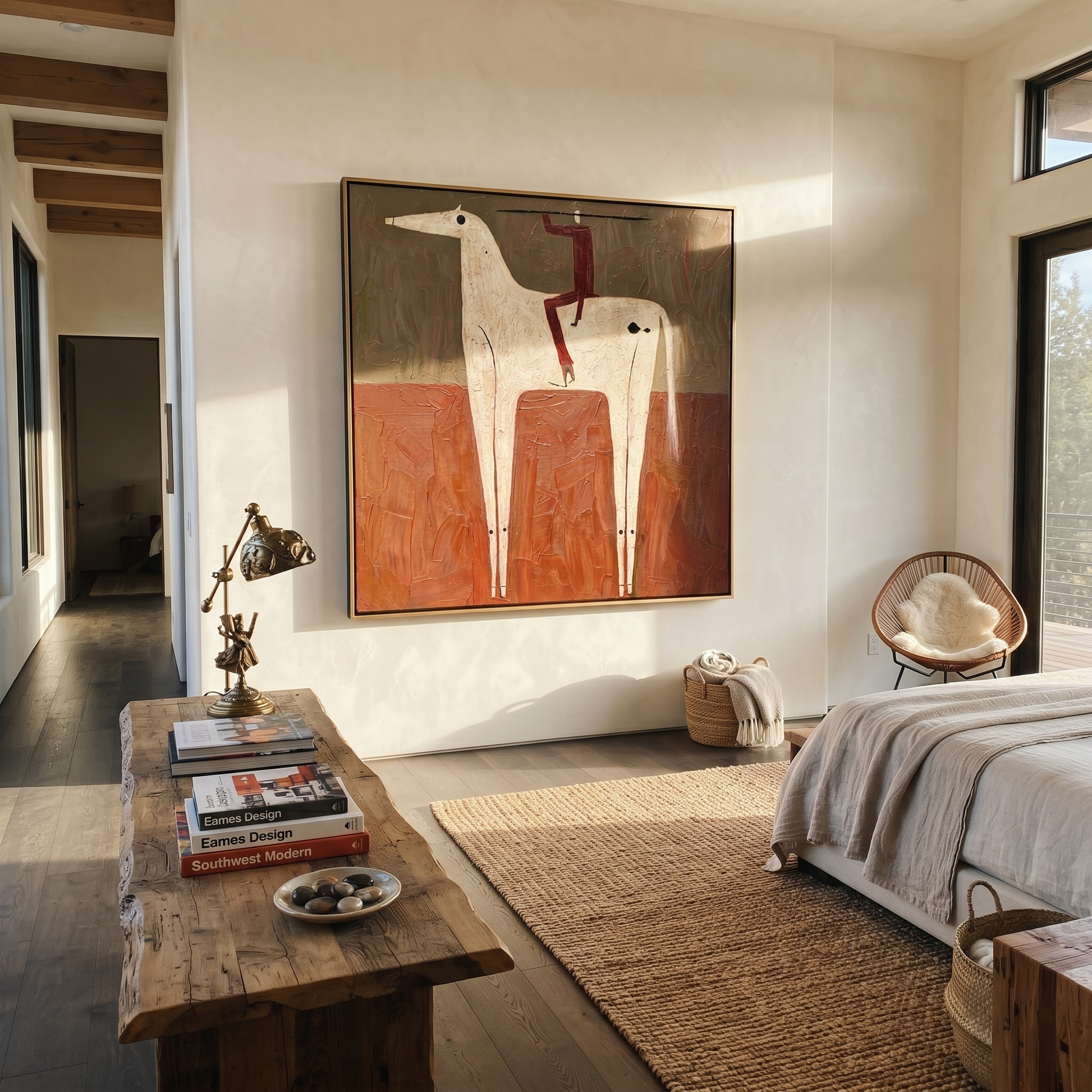 Red Balance Climbs the Ivory Horse - acrobat on horse painting by Isabelle Laurent, modern Western square wall art – styled room scene view 1