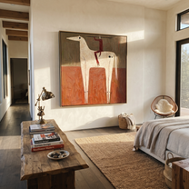 Red Balance Climbs the Ivory Horse - acrobat on horse painting by Isabelle Laurent, modern Western square wall art – styled room scene view 1